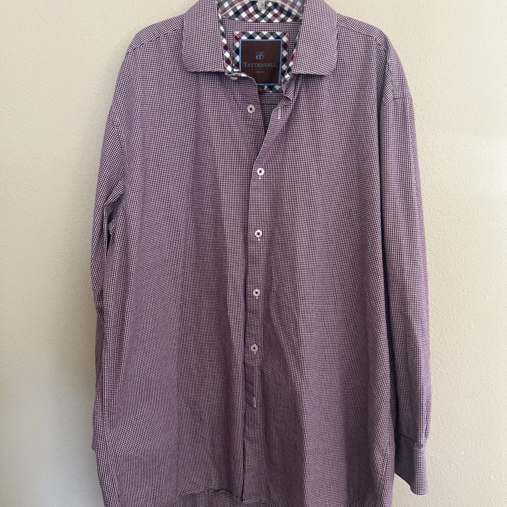Tattersall Dress Shirt Men 17 32/33 Maroon Plaid Cotton Long Sleeve Regular Fit